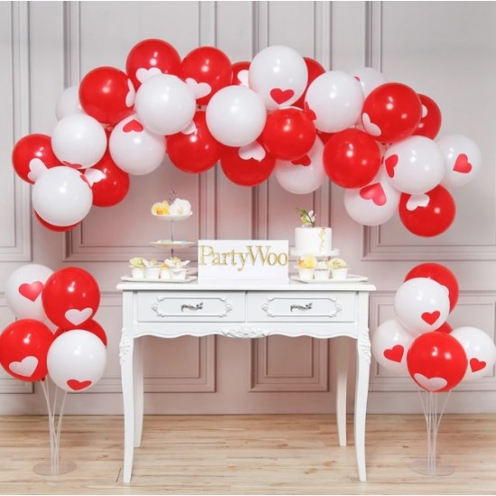 Balon Zinciri ve 2 Adet Balon Standı - Metalik Kalpli Kırmızı Beyaz