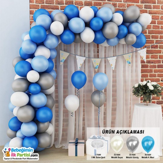 Balon Zinciri - Metalik Beyaz Gümüş Mavi