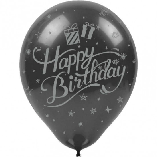 Gümüş Happy Birthday Baskılı Siyah Balon 100'lü