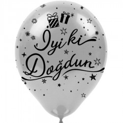 Siyah İyi ki Doğdun Baskılı Metalik Gümüş Balon 100'lü