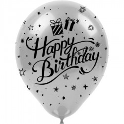 Siyah Happy Birthday Baskılı Metalik Gümüş Balon 100'lü