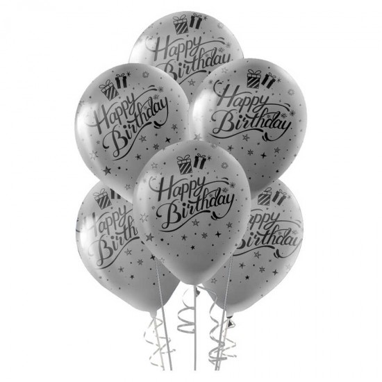 Siyah Happy Birthday Baskılı Metalik Gümüş Balon 100'lü