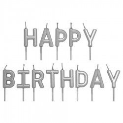 Gümüş Renk Happy Birthday Yazılı Mum